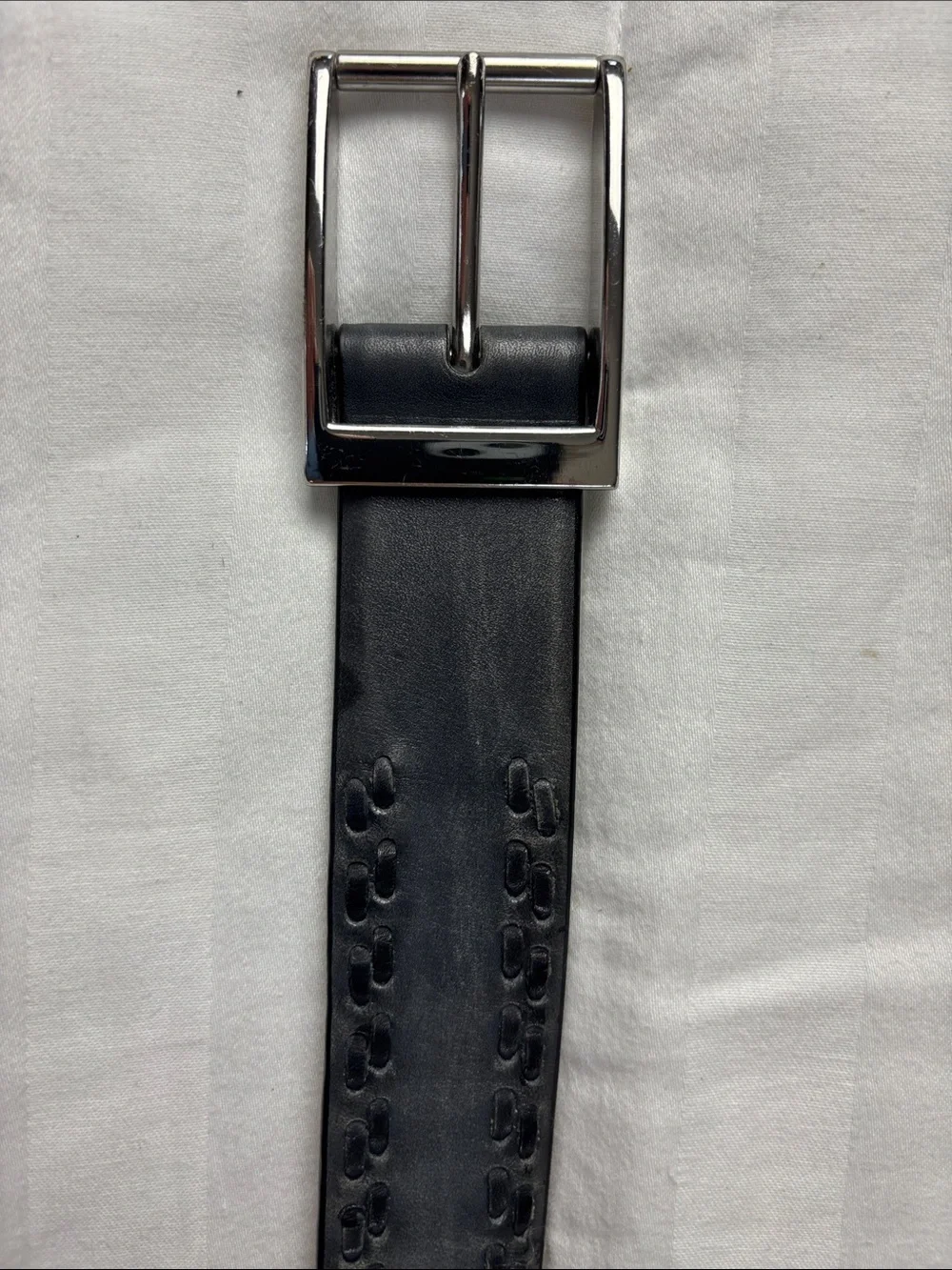 Cole Haan Black Leather Belt with Silver-Tone Buckle and Braided Detail